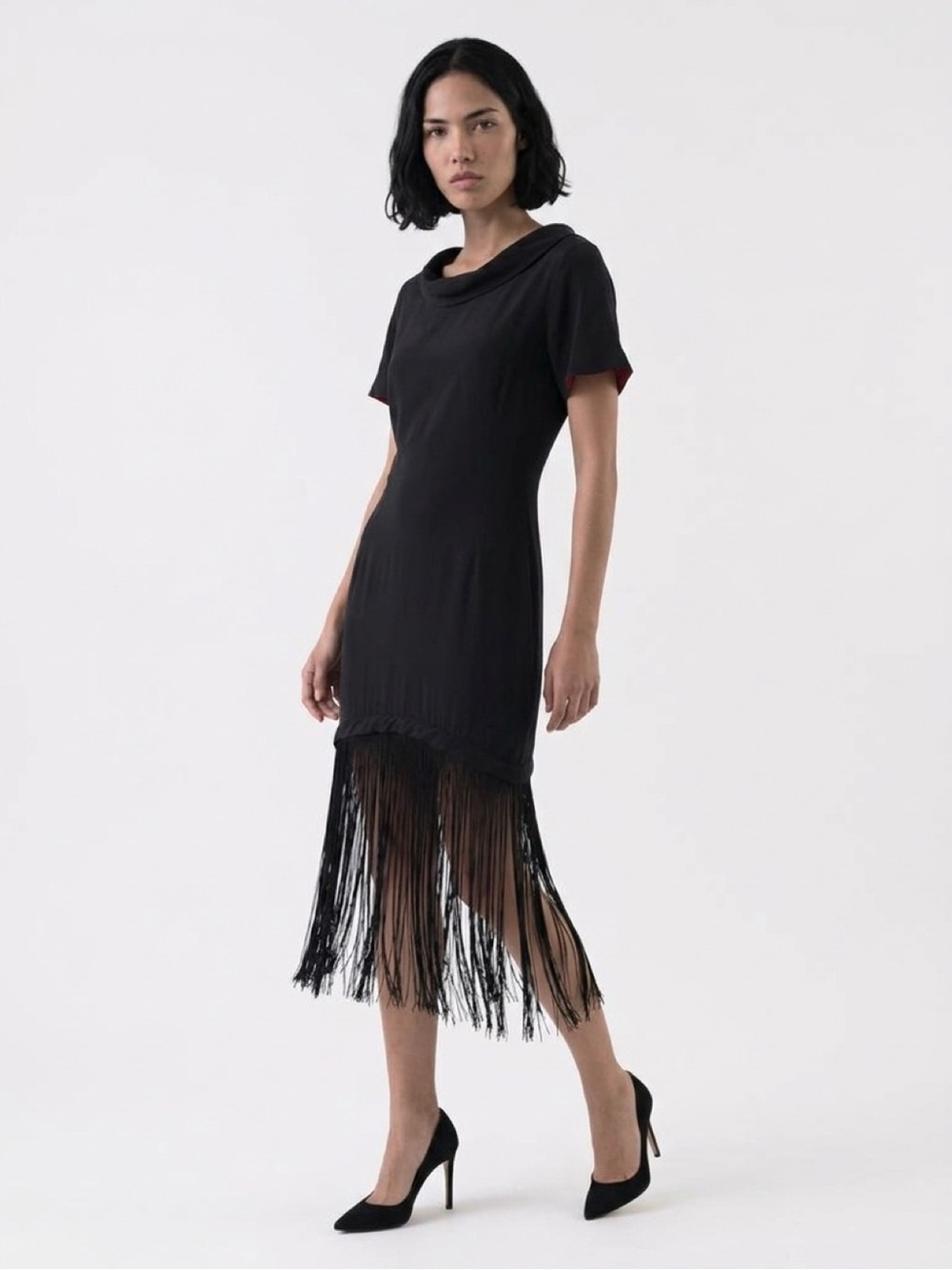 1940s Black Fringe Hem Short Sleeve Dress